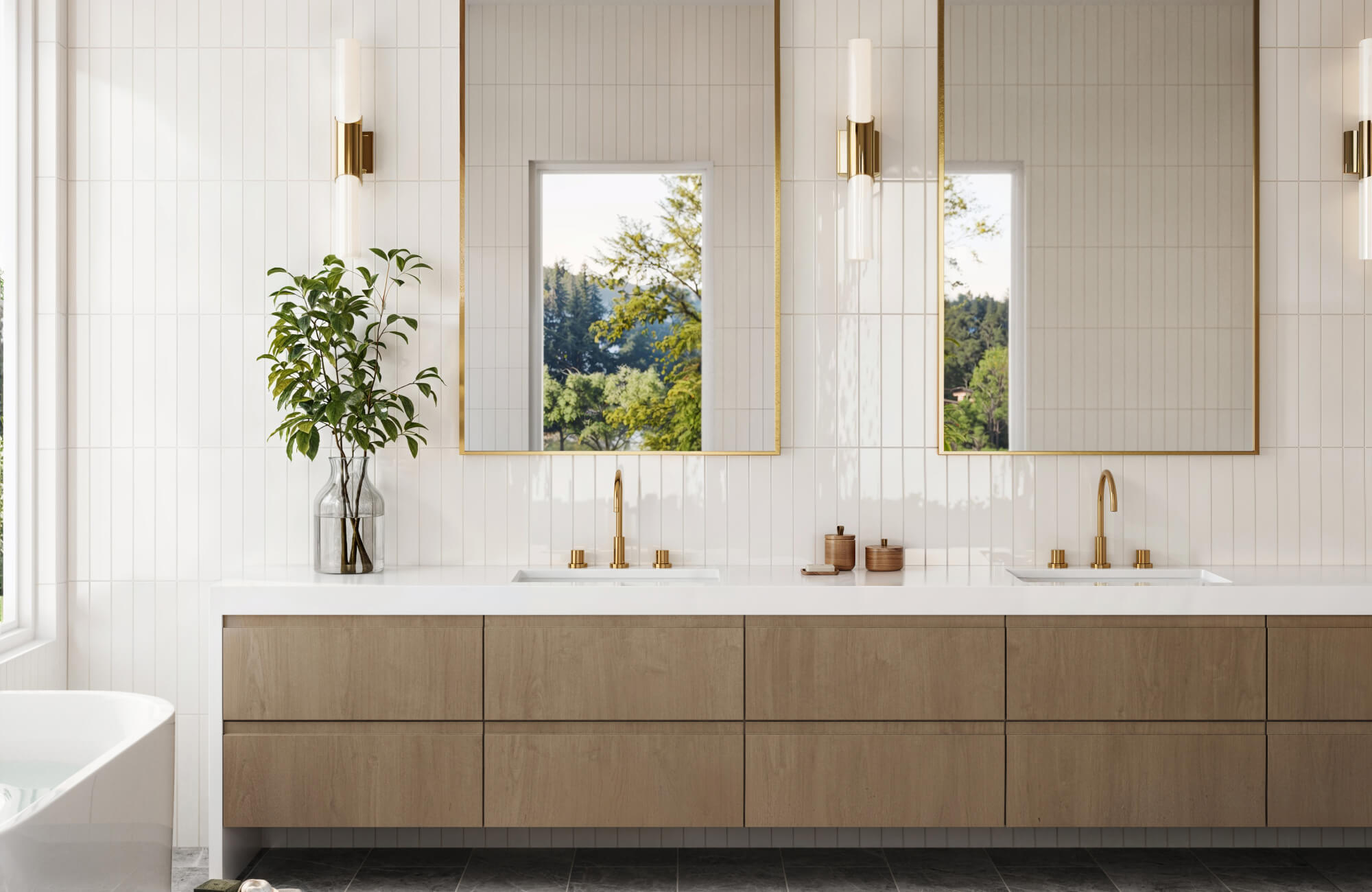 Vertical white ceramic tiles add height and elegance to this serene bathroom with gold accents and natural wood cabinetry.
