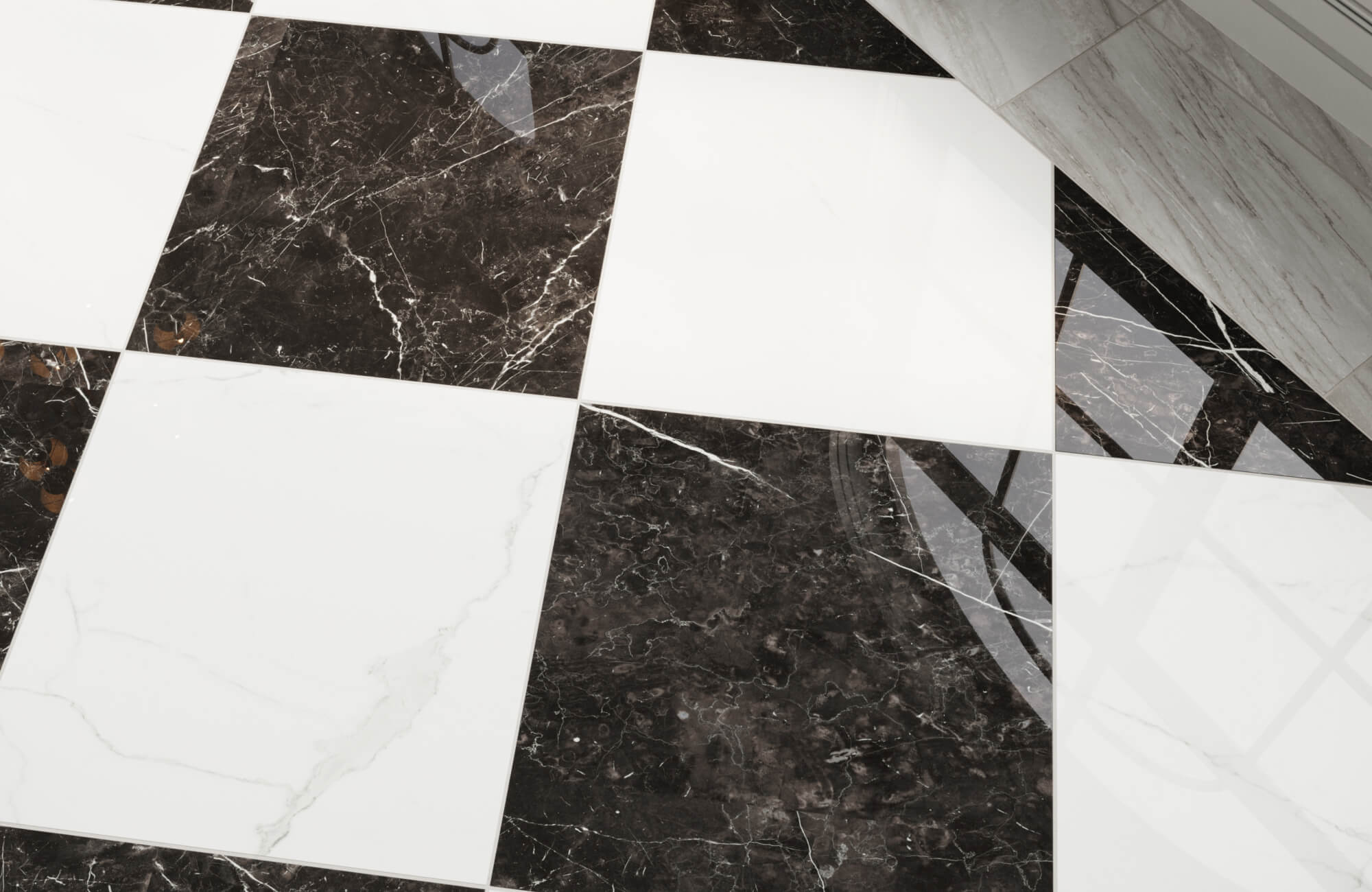 Luxurious black and white marble checkered tiles showcase bold veining and high shine, adding timeless elegance to the space.