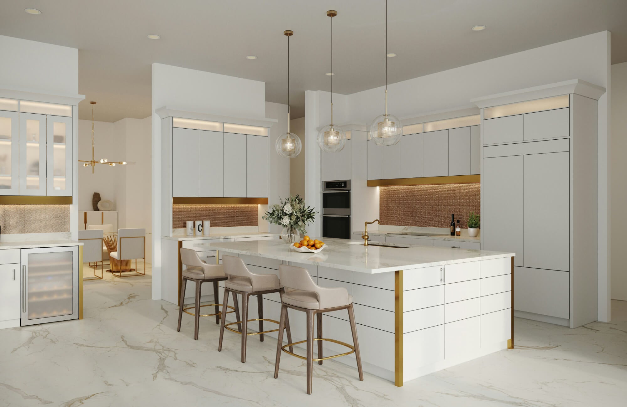 Luxurious modern kitchen featuring white cabinetry with gold ac