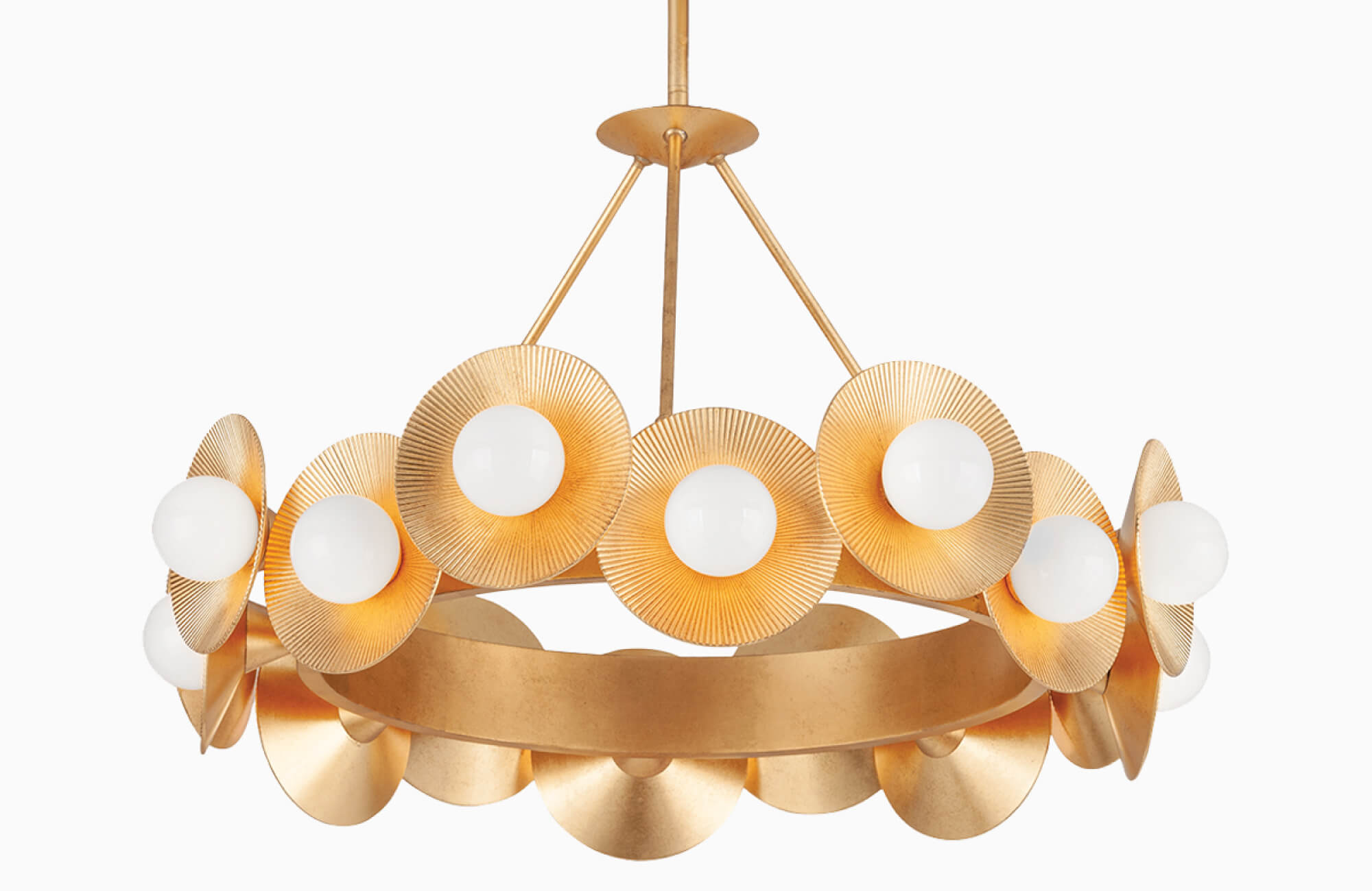 Statement chandelier with radiant gold discs and white globe bulbs, arranged in a bold circular design for luxurious impact.
