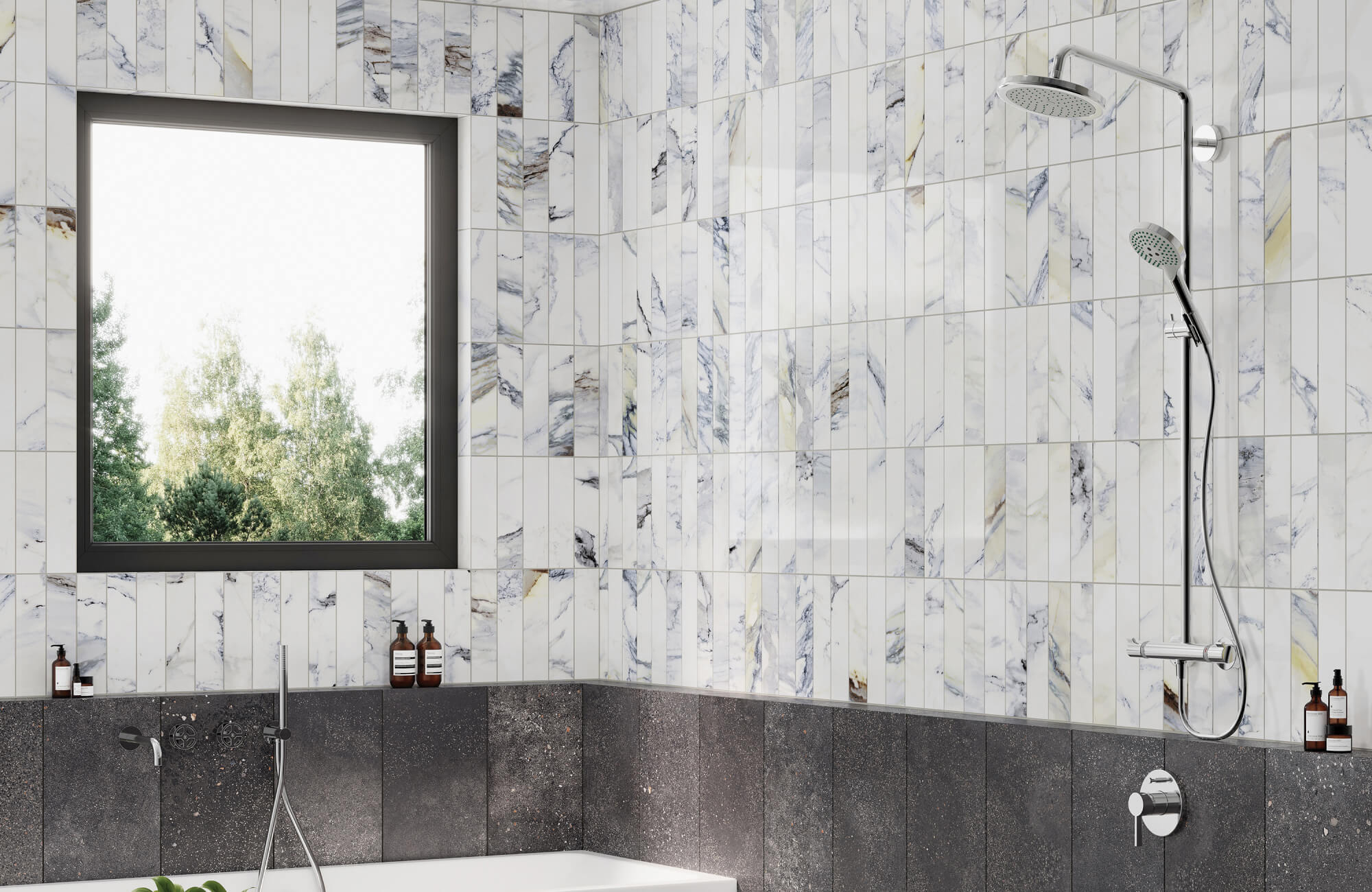 Luxurious bathroom featuring marble-effect wall tiles in a vertical pattern, paired with dark stone accents and a sleek modern shower fixture.