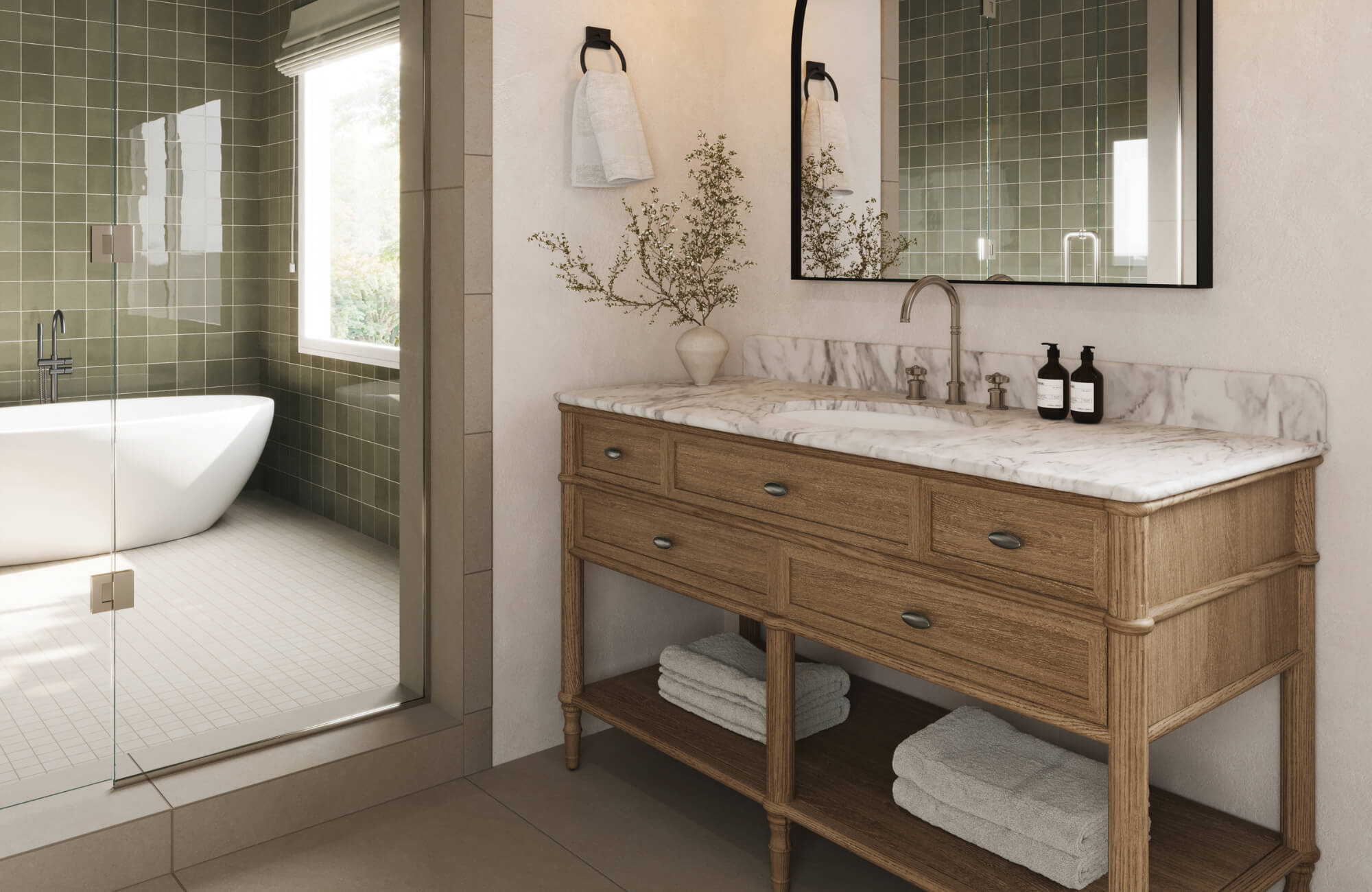 Traditional wood bathroom vanity with marble top and open shelf, set beside a glass shower and freestanding tub in a tiled wet room.