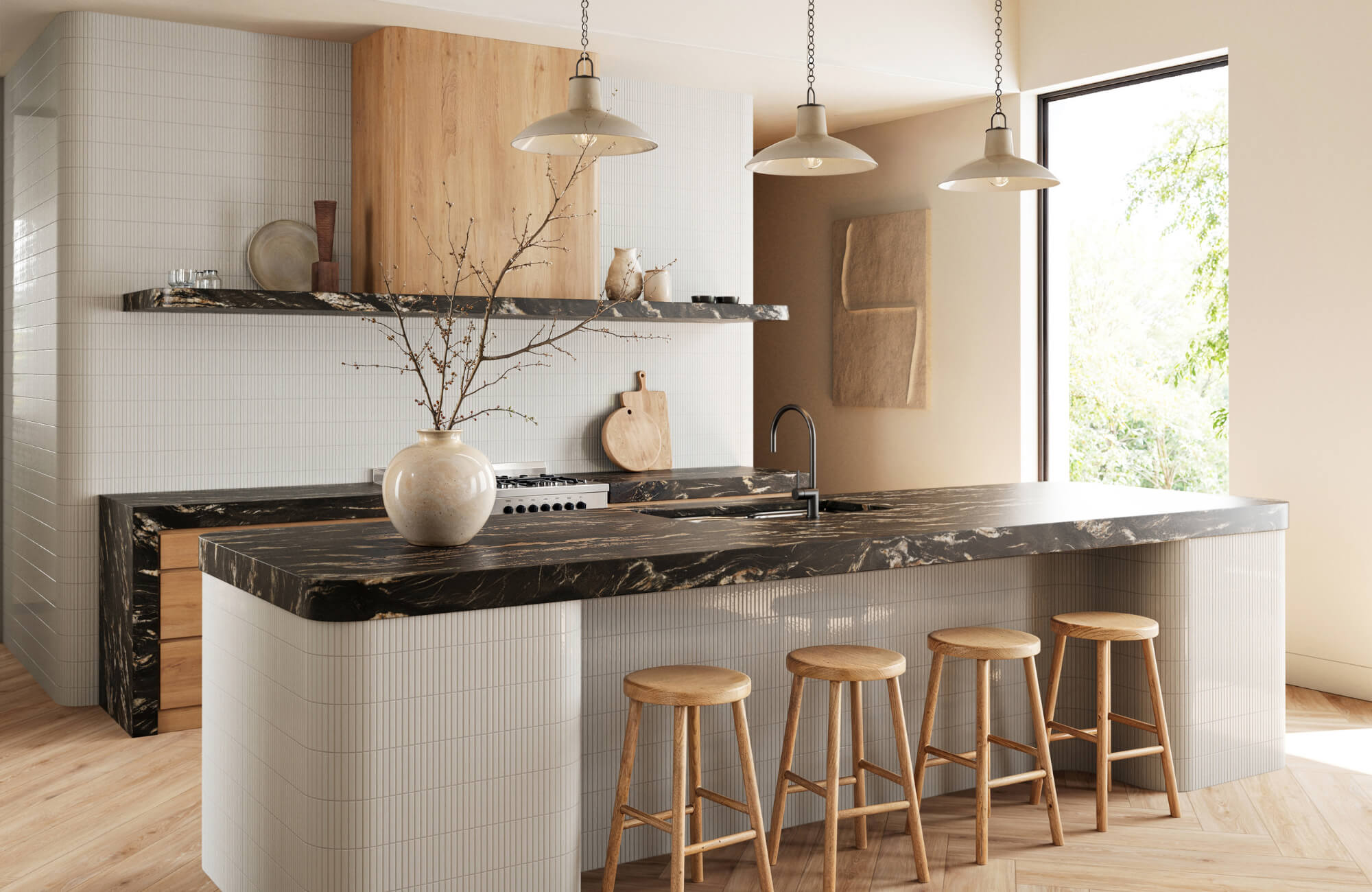 Modern kitchen with wood accents, black marble countertops, pendant lighting, and natural tones creating a warm, inviting atmosphere.