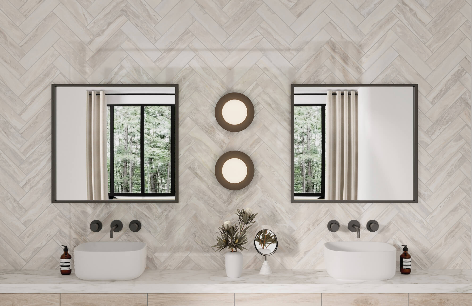 Elegantly laid herringbone subway tile backsplash in a serene bathroom