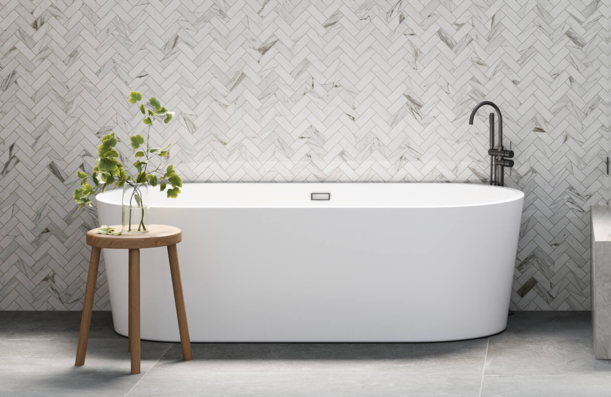 Elegant bathroom with herringbone-patterned marble subway tiles