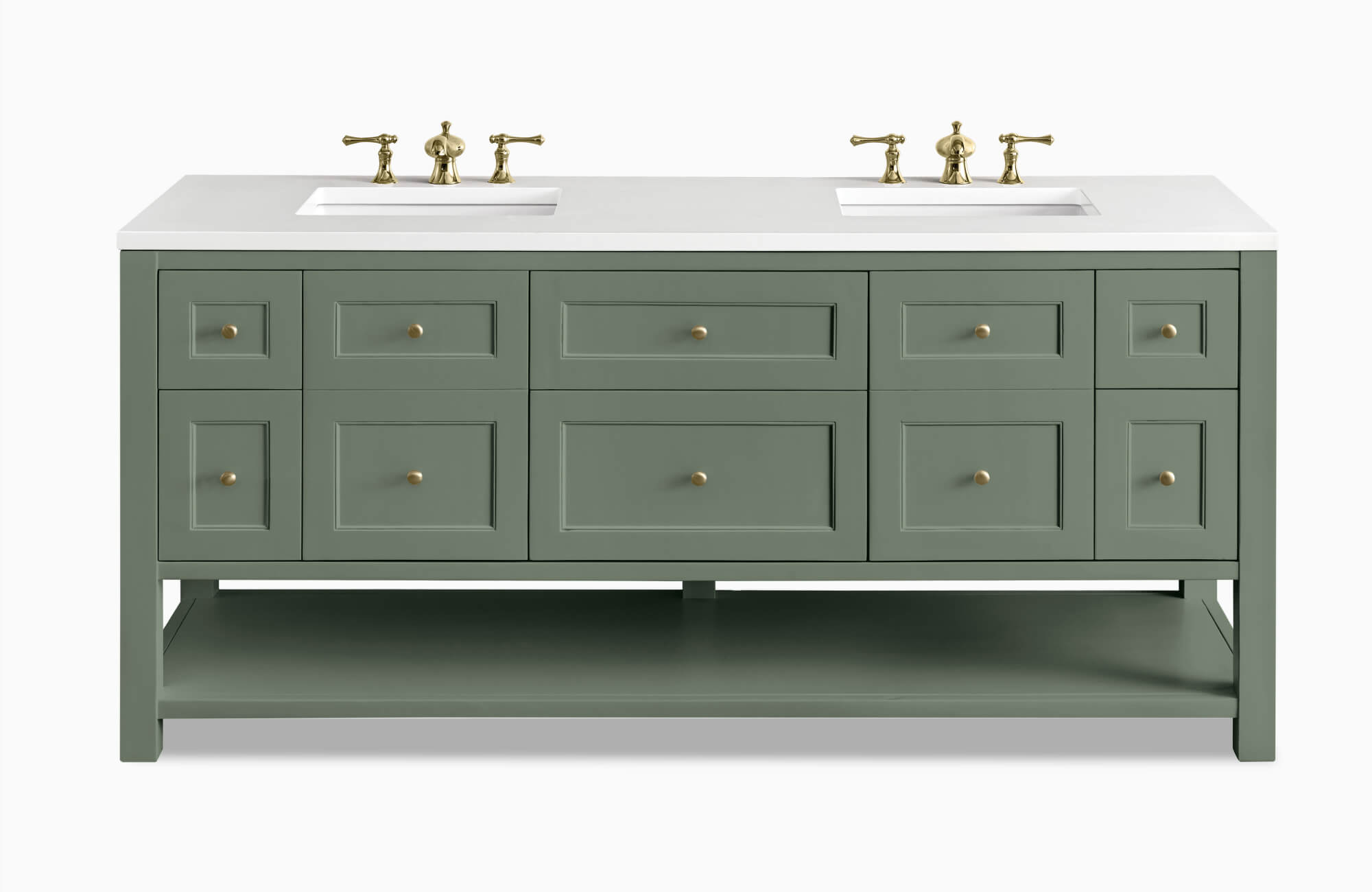 Sage green double-sink vanity with shaker-style drawers and brass hardware, offering a fresh yet classic bathroom centerpiece.