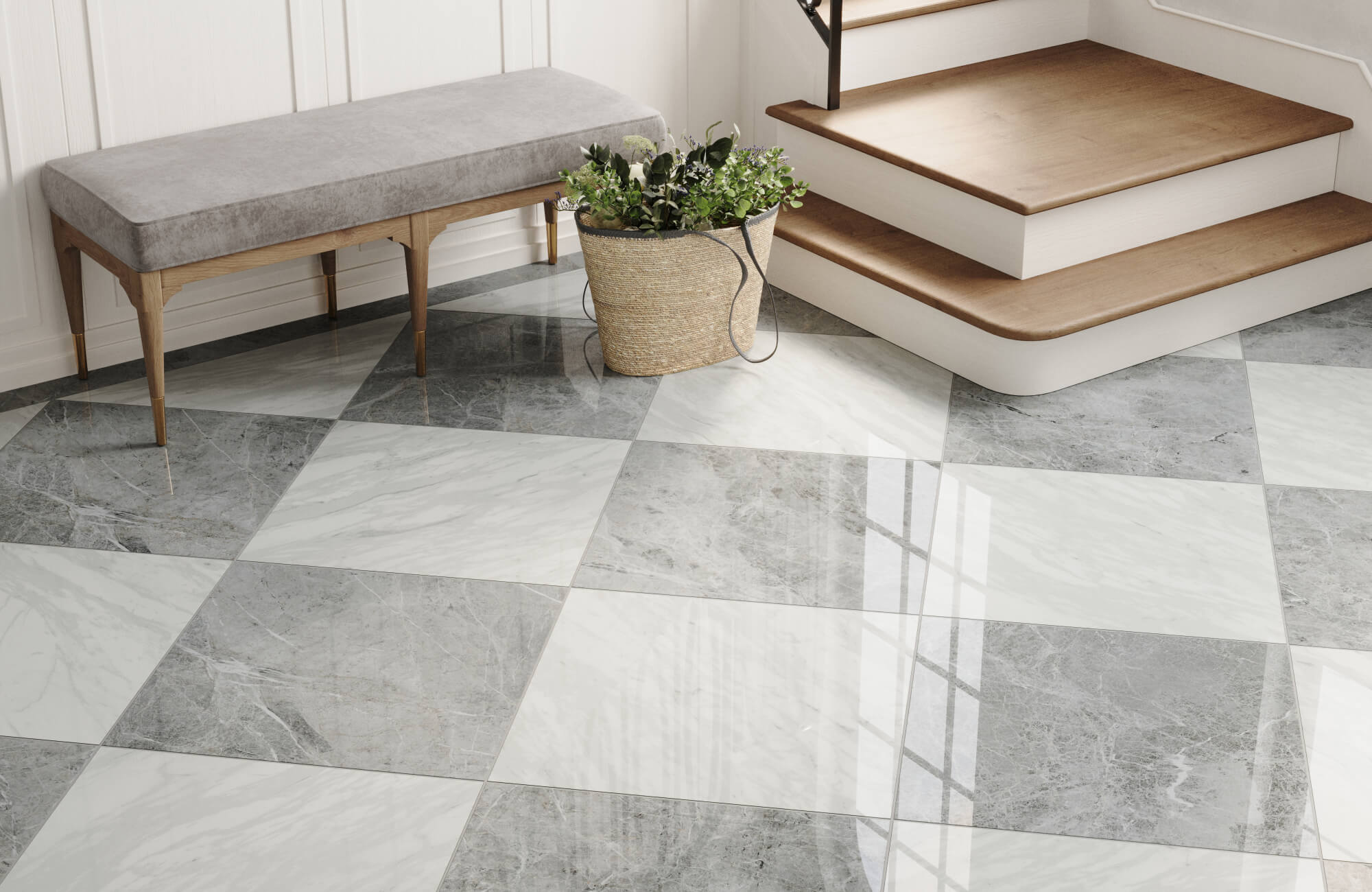 Elegant foyer with large gray and white marble checkered tiles, complemented by a wooden staircase and a simple bench.