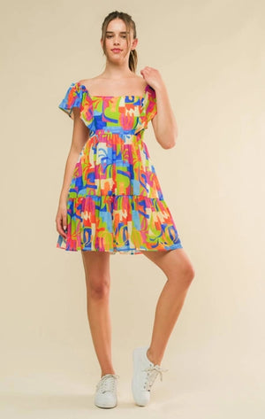 A printed woven mini dress - ID21257 - IVORY/BLUE/ORANGE Contemporary S - CHICA Boutique + Art Studio