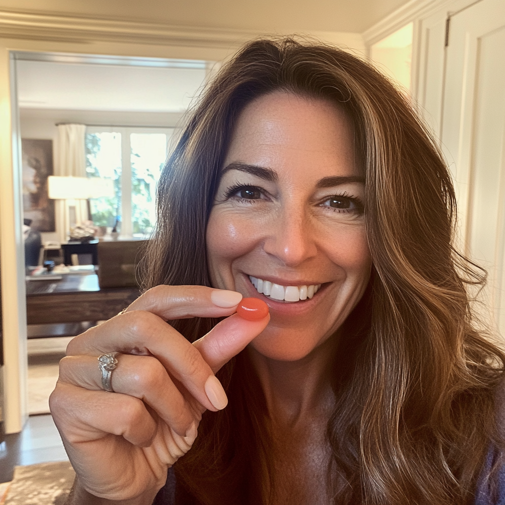 A person smiling and holding a small red item in their hand.