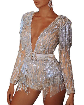 Women Jumpsuit Deep V-Neck Corset Sexy Sparkle Sashes Sequins Glitter Tassel Backless Short Evening Party Club One Piece Rompers