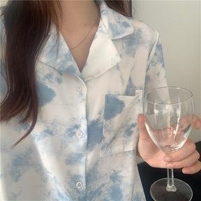 Short sleeved shorts suit female Lapel Korean sweet student home clothes comfortable and loose Sleep wear Blue white pink suit