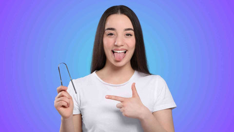 A woman using tongue scraper