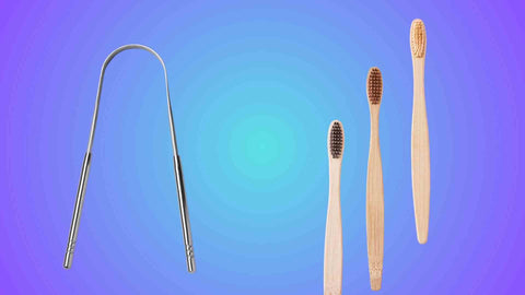 A tongue scraper and toothbrush