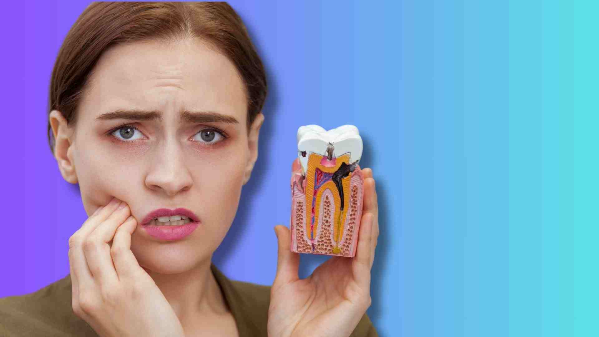 A woman holding a tooth decay model