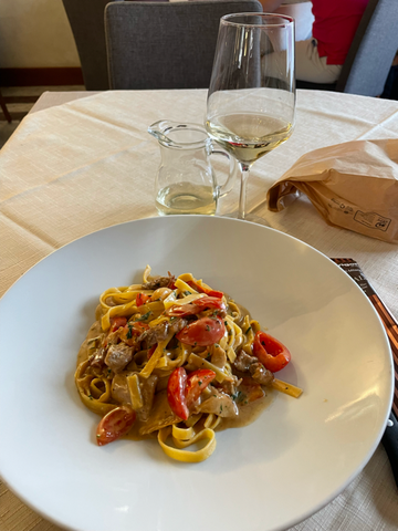 A bowl of pasta with tomatoes and a mushroom sauce paired with white wine in Domodossola, Italy