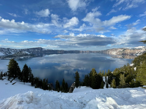 A view of the lake on a sunny day at Crater Lake National Park