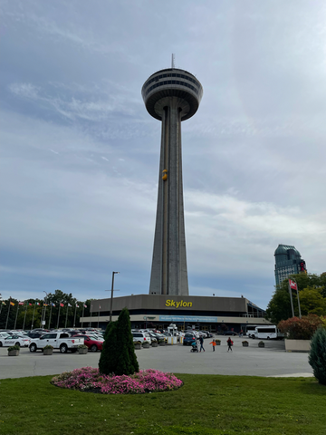 Looking up at the Skylon Tower from the ground in Niagara Falls, Canada
