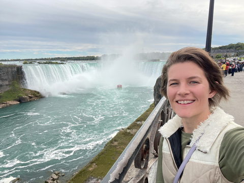 Stopping alongside the boardwalk to look at Horseshoe Falls in Niagara Falls, Canada