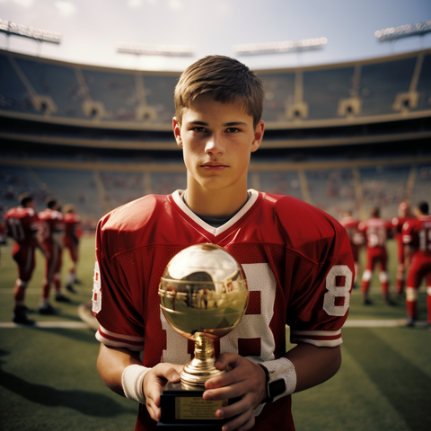 A teenager holding a participation trophy