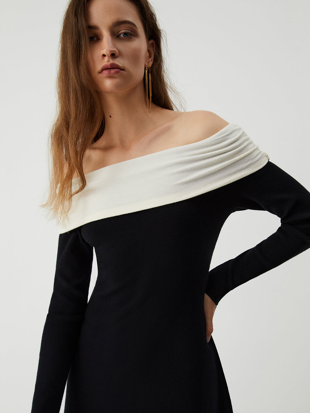 Patchwork Off Shoulder Long Sleeve Long Sweater Dress - Image 3