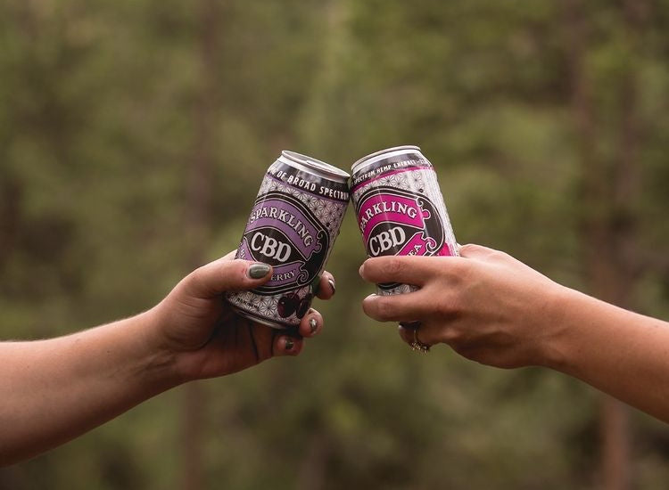 Toasting cans of Sparkling CBD drinks outdoors](cbd-drink-toast.jpg "Two arms toasting Sparkling CBD Hibiscus Tea and Sparkling CBD Black Cherry Soda cans outdoors in sunlight