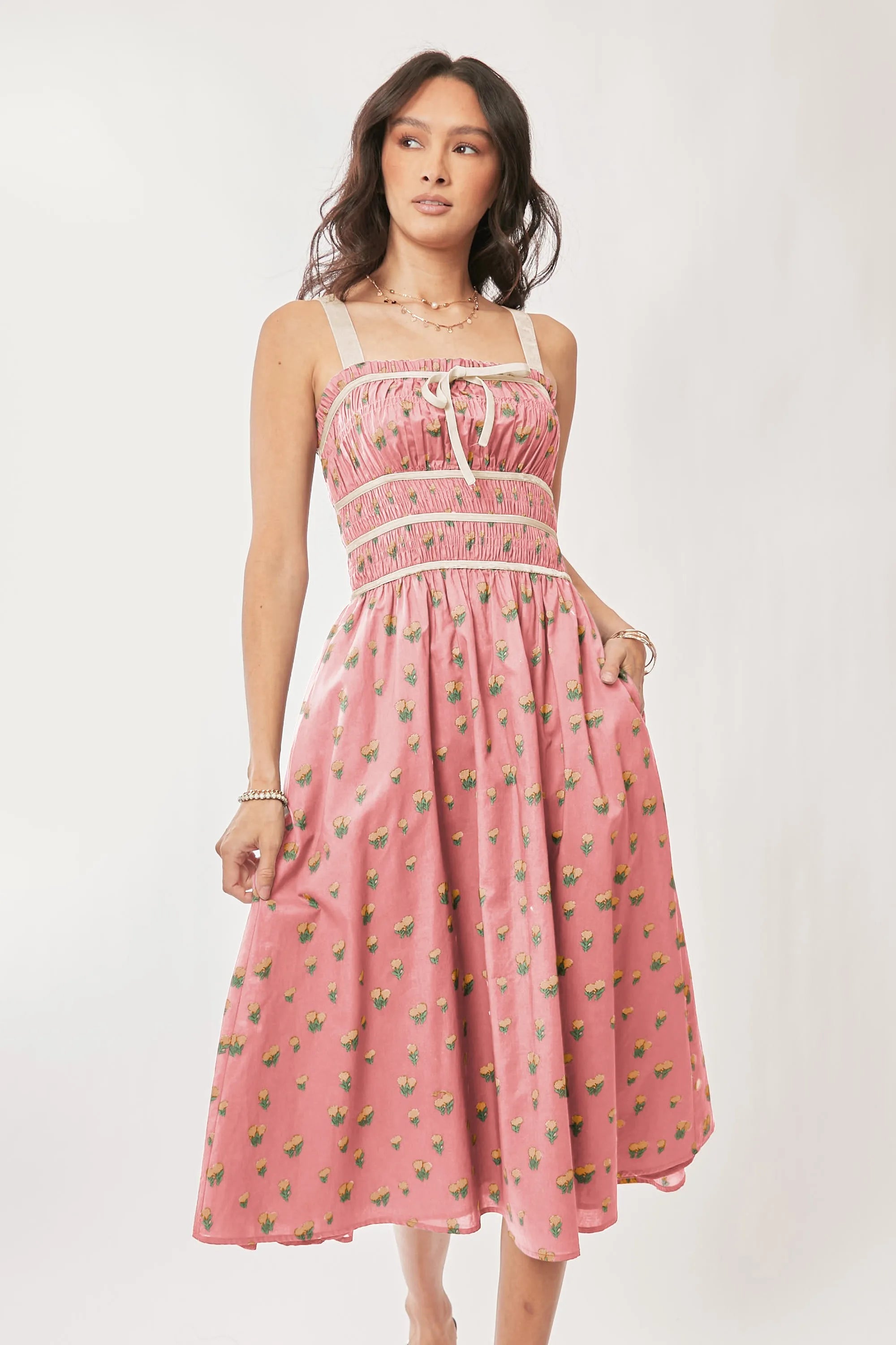 Davi & Dani Contrast Velvet Tape Smocking Bodice Midi Dress