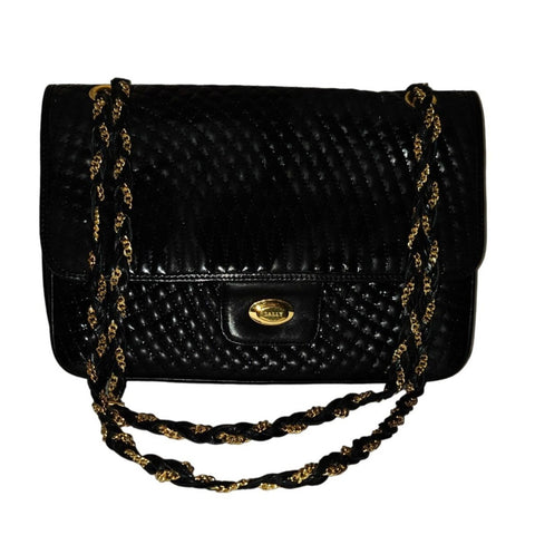 Bally Designer Bag, quilted black leather with braided gold and black strap
