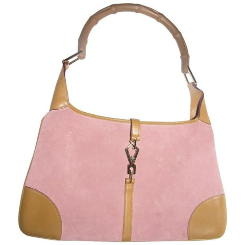 Gucci Jackie Vintage Pink Suede And Camel Leather With A Bamboo Handle Hobo Bag