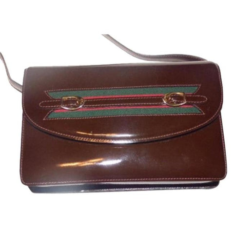 Gucci Horsebit Envelope Top Sherry Stripe Two Way Brown Patent Leather Shoulder Bag
