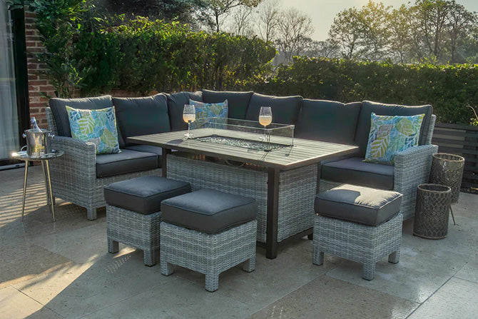Bracken Outdoors Boston Luxury Casual Dining Rectangular Corner Sofa Garden Furniture Set with Fire Pit Table