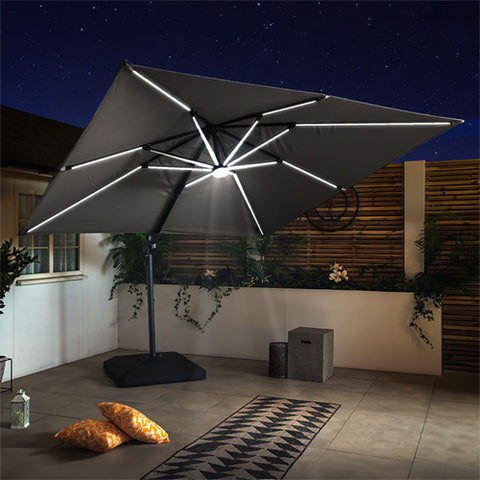 Bracken Outdoors Napoli Grey 3m x 3m Square Cantilever Parasol With LED Lights