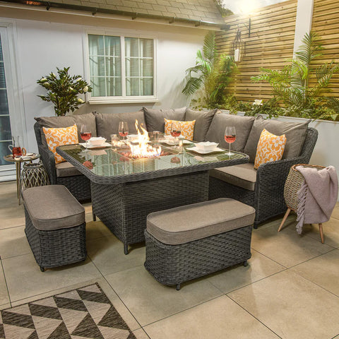 Bracken Outdoors Dakota Grand Casual Dining Square Corner Sofa Set with Firepit Table - Heritage Grey