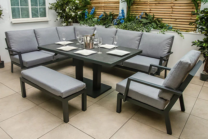 Bracken Outdoors Miami Dark Aluminium Rectangular Corner Set with Adjustable Table Bench and Armchair