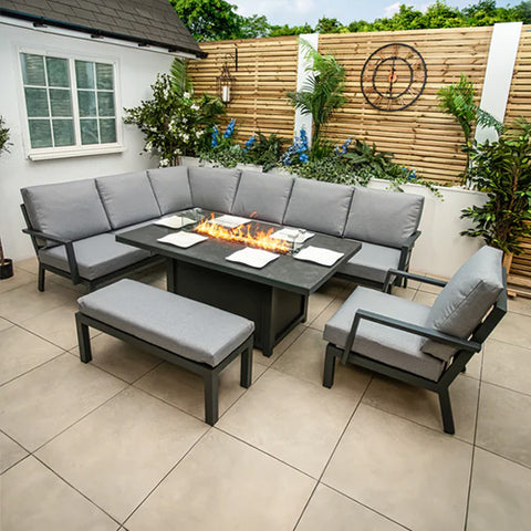 Bracken Outdoors Miami Deluxe Aluminium Rectangular Corner Set with Firepit Table, Bench and Arm Chair