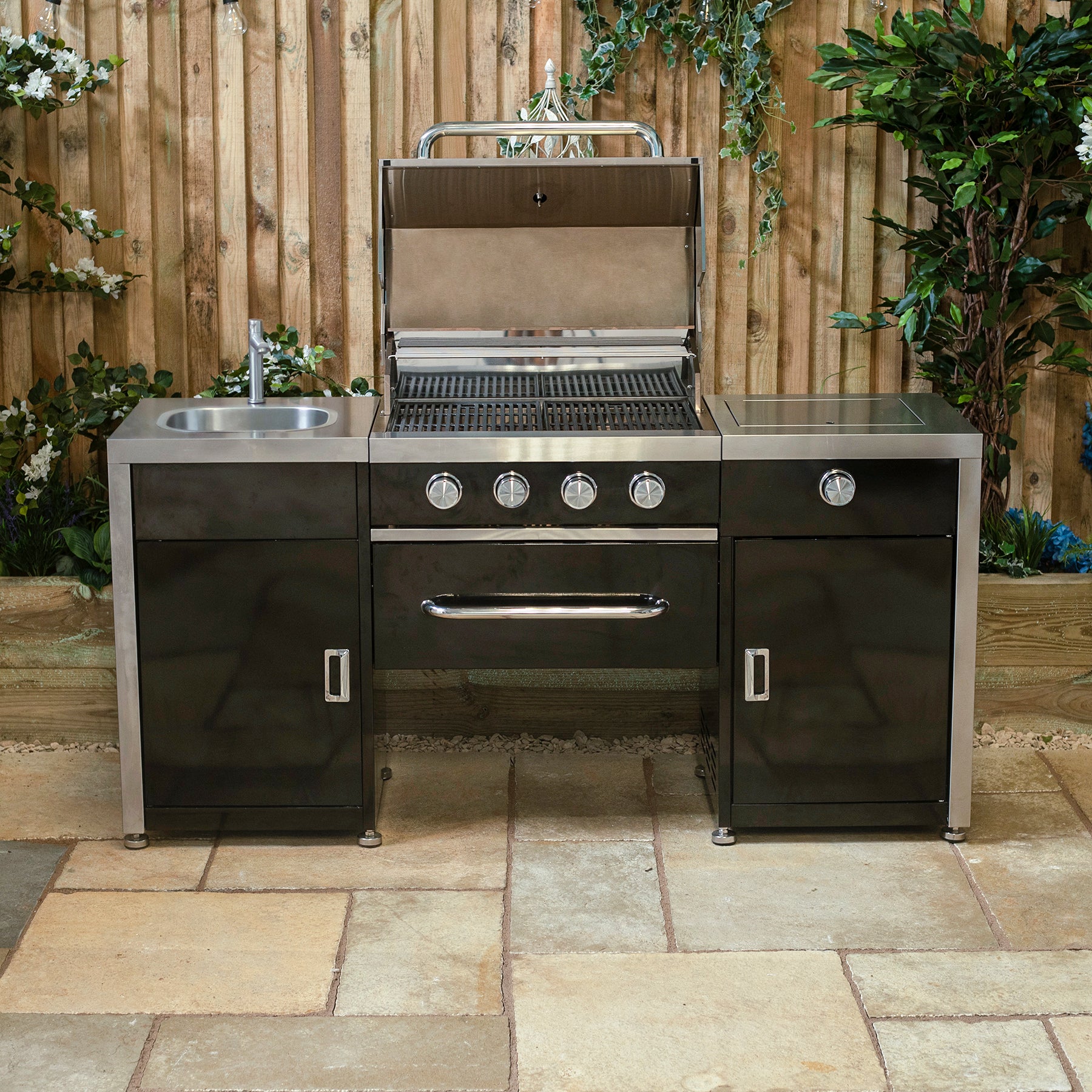 Draco Grills Black 4 Burner Gas Barbecue Outdoor Kitchen Island with S ...