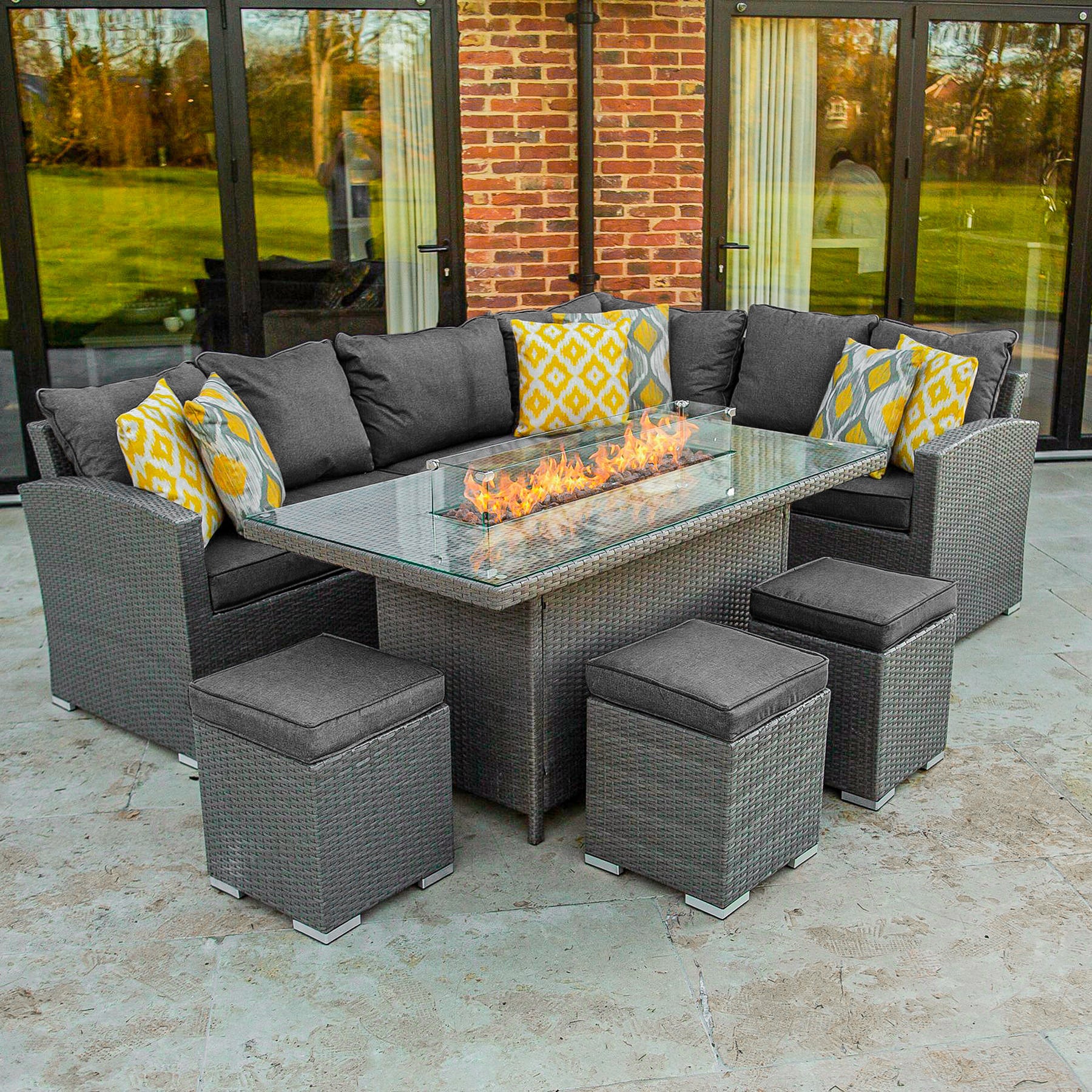 Ex Display Bracken Outdoors Dakota Casual Dining Rectangular Corner Sofa Garden Furniture Set with Fire Pit Table