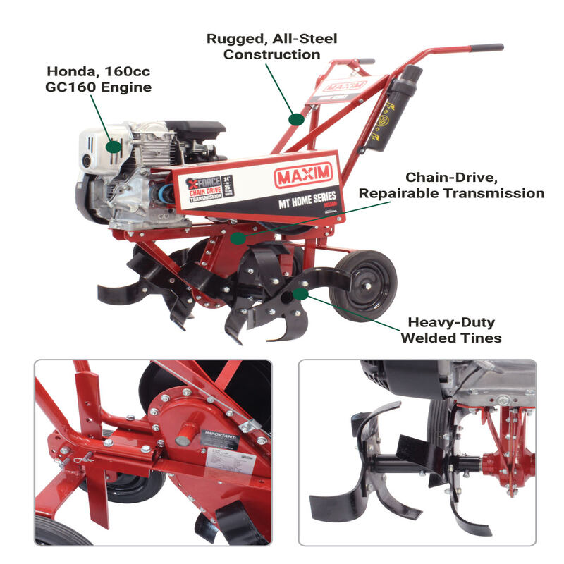 Infograph of maxim mid sized tiller features
