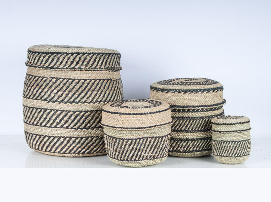 NYUMBA: Natural Woven Grass Black Lidded Storage Baskets ...