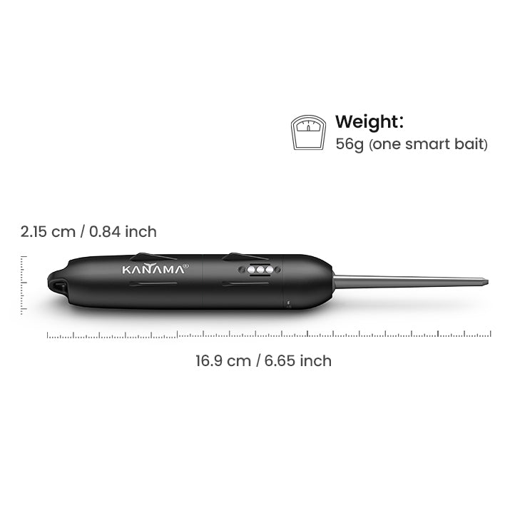 A Kanama smart bait with its dimensions and weight displayed. The device measures 2.15 cm (0.84 inches) in height and 16.9 cm (6.65 inches) in length. The weight is noted as 56 g for one smart bait. A ruler graphic is included for reference.