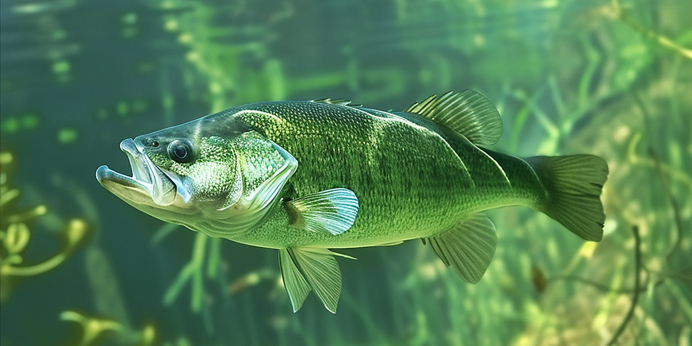 A bass fish swimming underwater, showcasing its vibrant green and white colors. The fish is surrounded by aquatic plants, with soft light filtering through the water, creating a serene underwater scene.