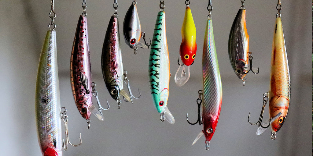 Various bionic bait hanging in a row. 