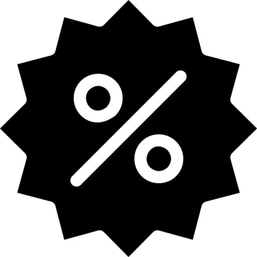 A black polygonal circle with a white % symbol in the middle