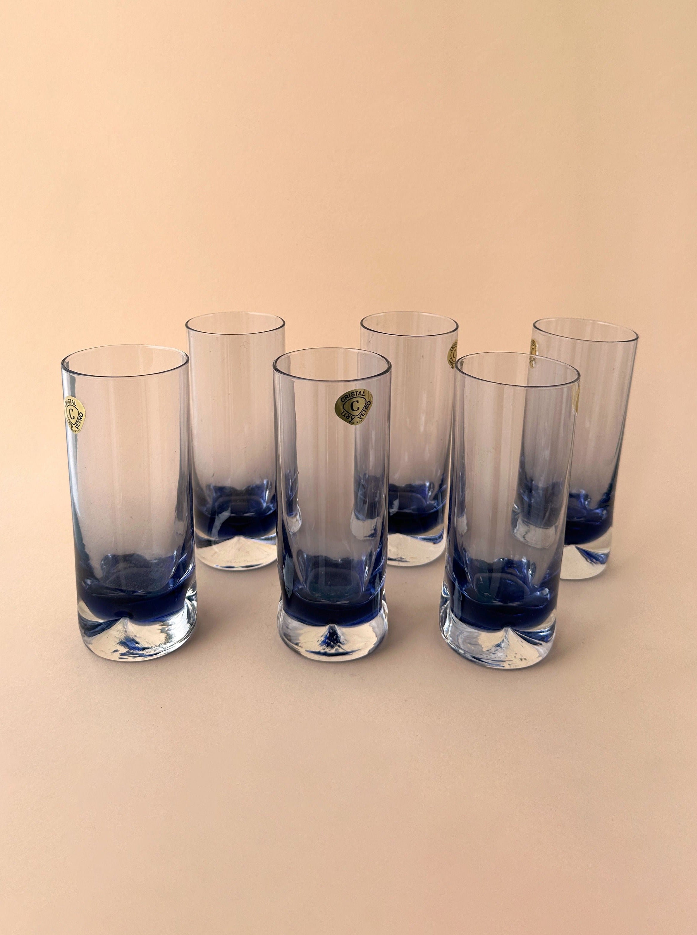 Vintage Block Crystal Highball and Tumbler Glasses in Cobalt Blue, Set of 6