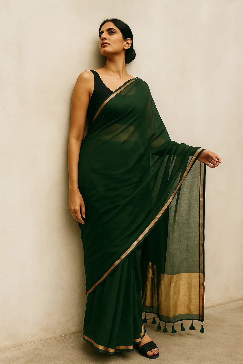 Saanjh in Green | Mul Cotton | Indidha Saree