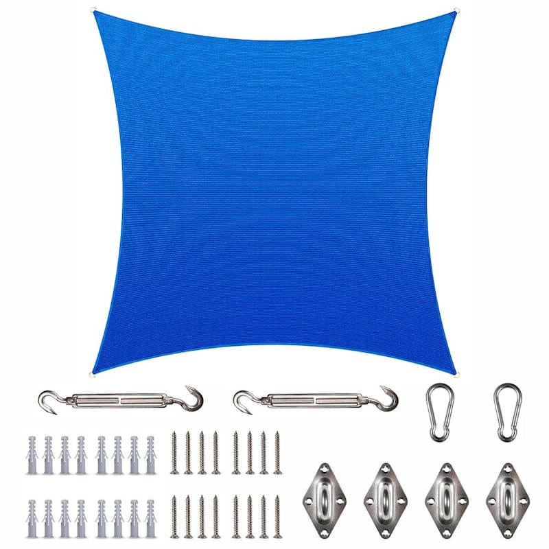10 ft. x 10 ft. 190 GSM Blue Square Sun Shade Sail with Square Kit