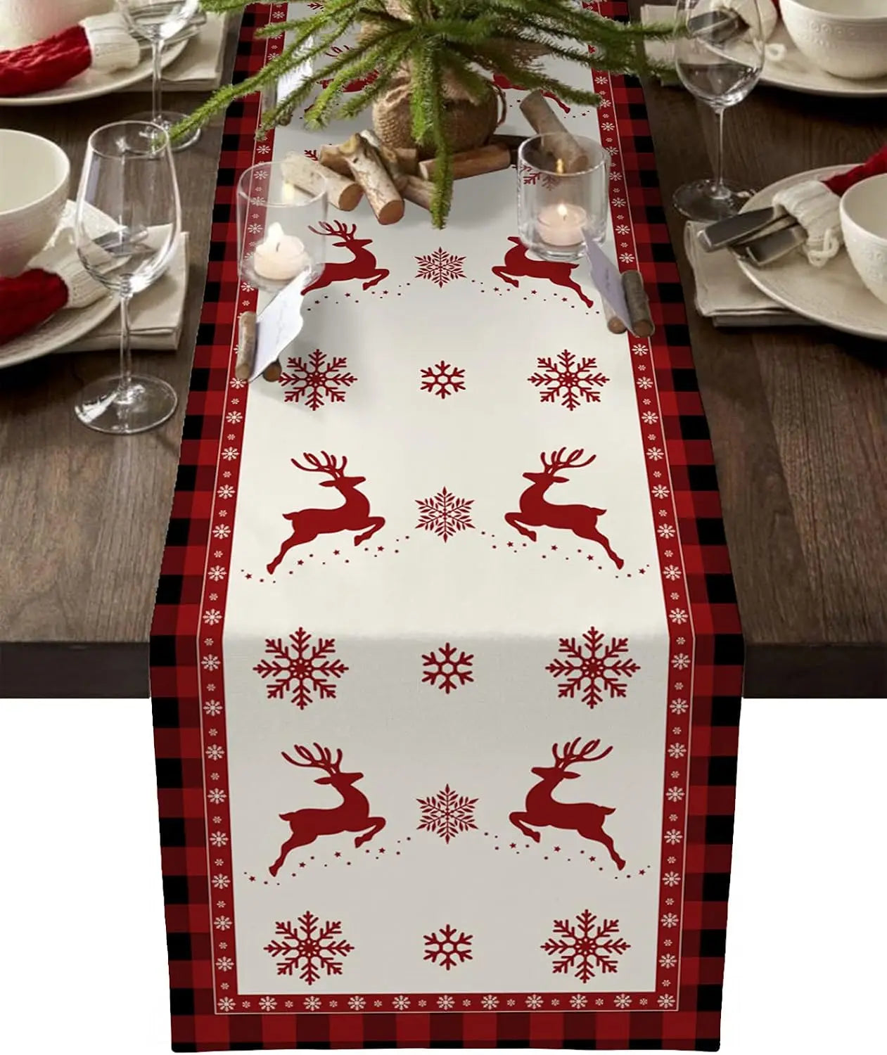 Festive Elk Snowflake Buffalo Plaid Table Runner - Image 6