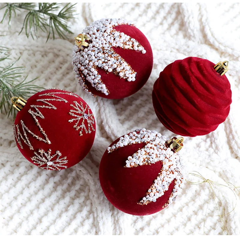 Burgundy Flocking Christmas Ball Ornaments - 4 Pack - Image 8