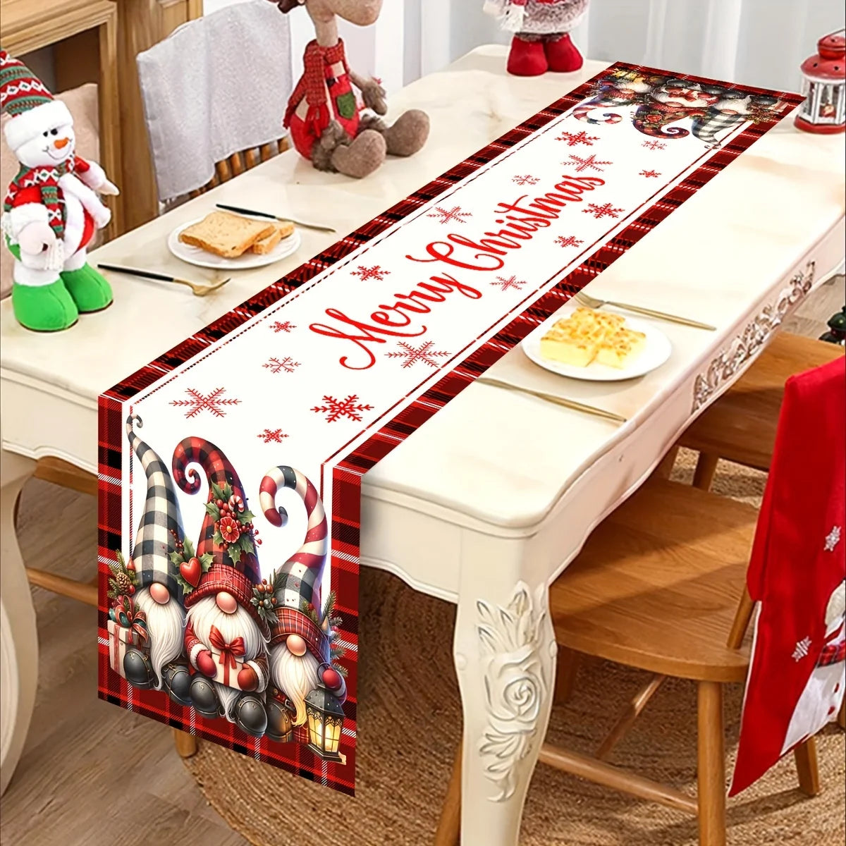 Festive Gnome Snowflake Plaid Table Runner