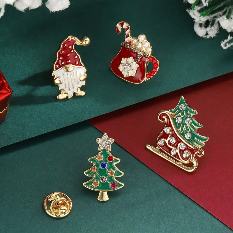 4 Christmas Brooches: Santa Sleigh & Tree Set