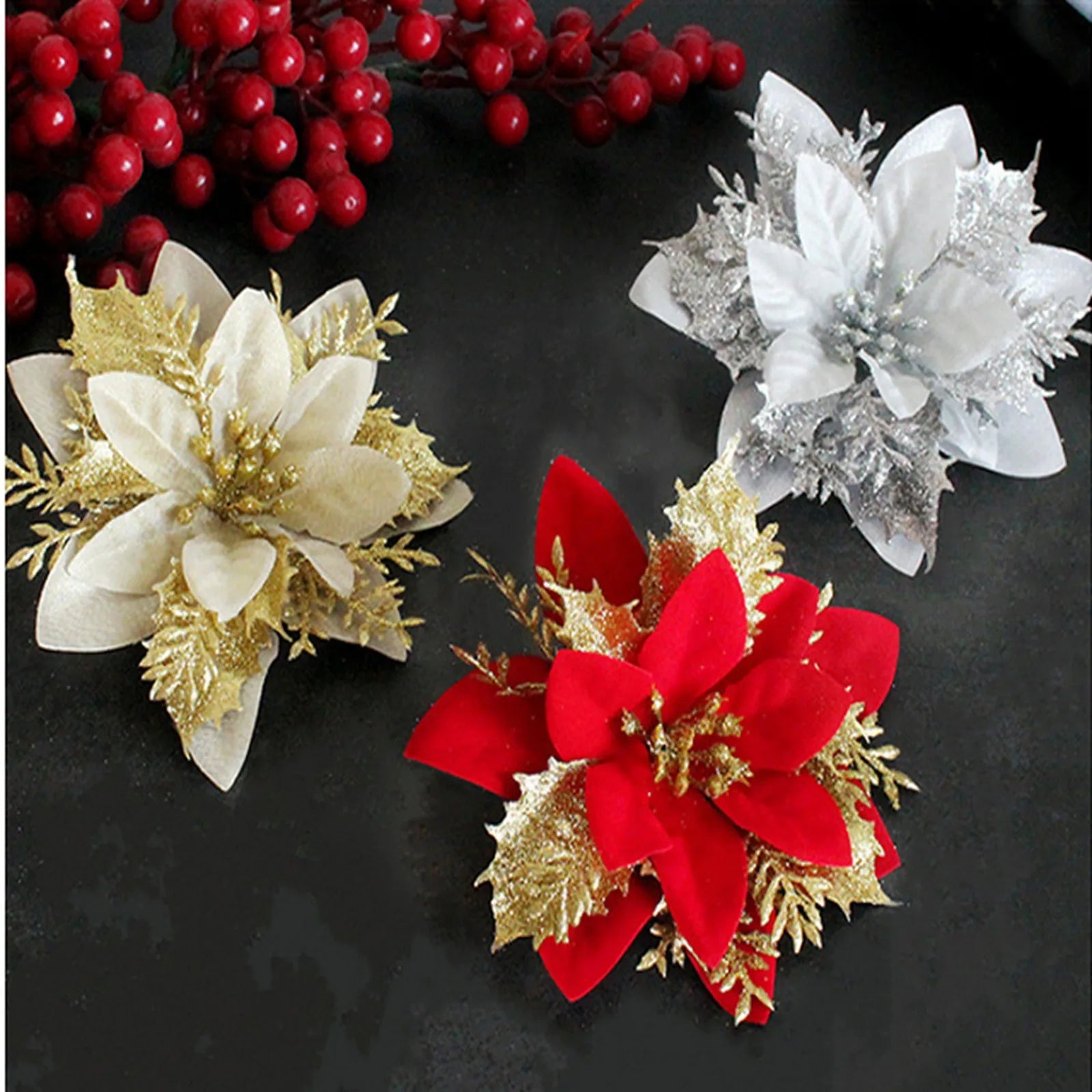 Elegant Gold, Silver & Red Holiday Flower Ornaments - Image 3